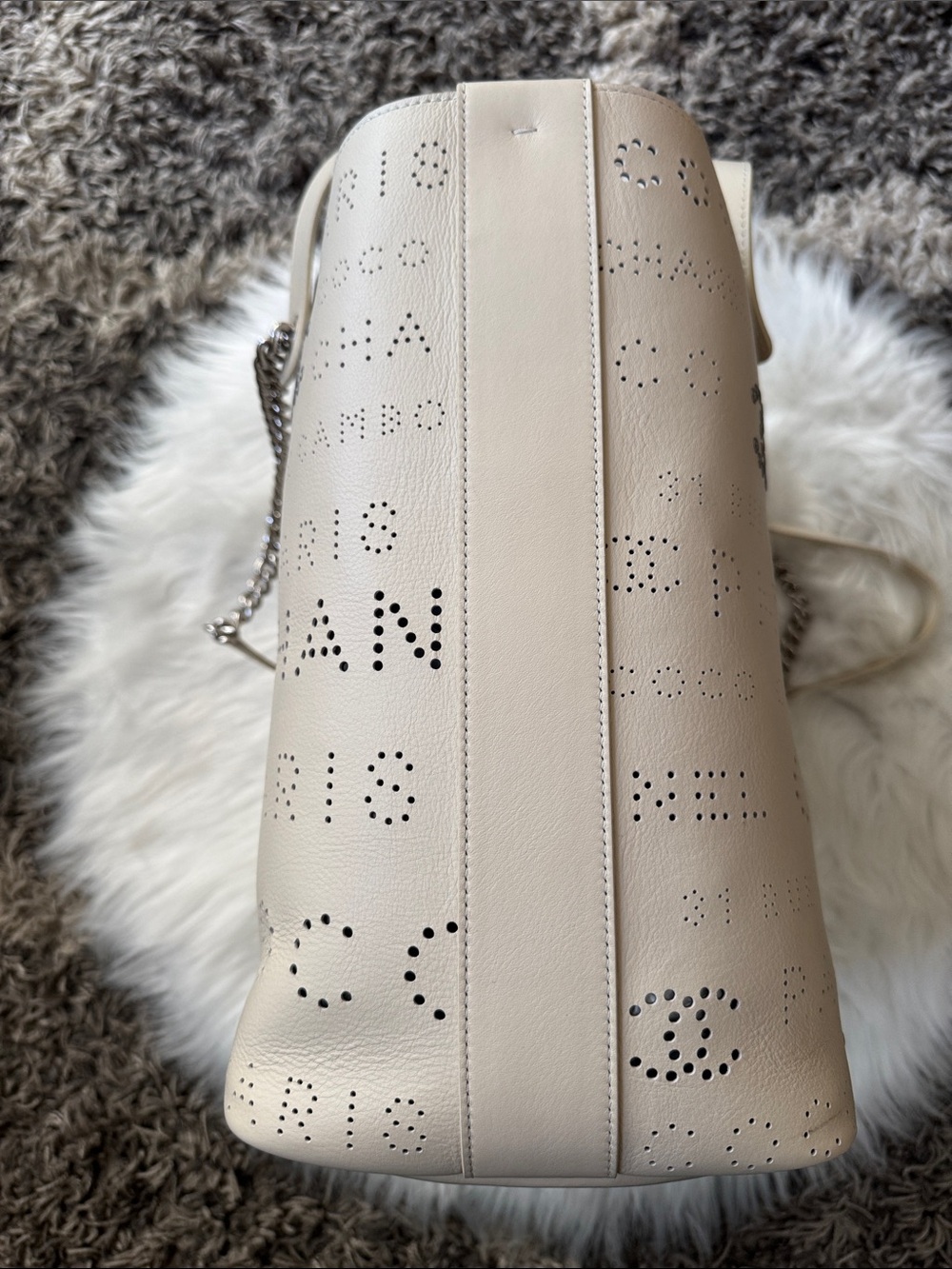 NWT CHANEL 2019 Beige Calfskin Perforated Logo Tote with Silver-Tone Hardware - Picture 10 of 17